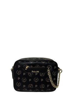 Borsa a tracolla nera in pelle con hardware dorato, motivo logo, chiusura con zip e tracolla in catena con accentuazione in pelle.