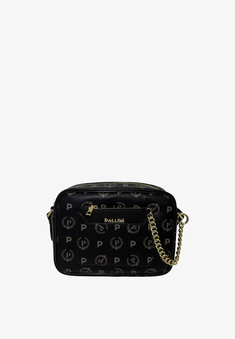 Borsa a tracolla nera in pelle con hardware dorato, motivo logo, chiusura con zip e tracolla in catena con accentuazione in pelle.
