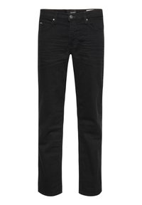 Black denim jeans with a slim fit, featuring a zip fly, button closure, and five-pocket design. Smooth texture, minimal detailing.