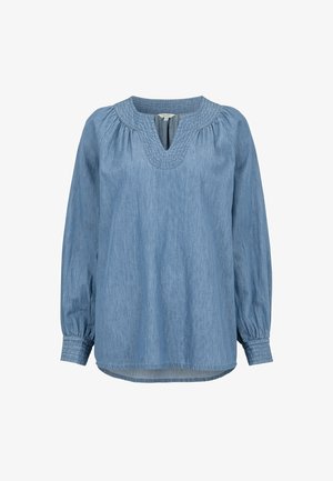 Langärmlige hellblaue Jeansbluse mit gerafftem Ausschnitt, V-förmigem Kragen und mit Knöpfen versehene Manschetten.