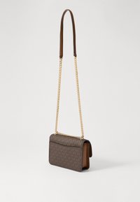 Brown patterned leather handbag with gold chain strap, rectangular shape, top flap design, and a smooth texture.