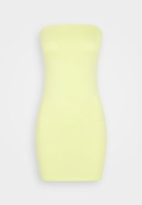 Sukienka bodycon bez ramiączek w jaskrawym żółtym kolorze, wykonana z elastycznego materiału, z dopasowaną sylwetką i gładką teksturą.