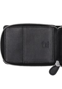 Black leather wallet with a zip closure, featuring three card slots and a smooth texture. Includes embossed branding and silver-tone hardware.