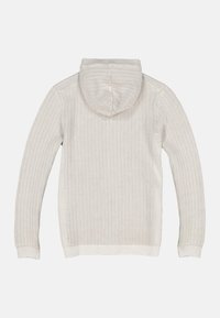 Light beige hooded sweater with a textured ribbed design. Features long sleeves and a high neck with a simple, clean finish at the hem.