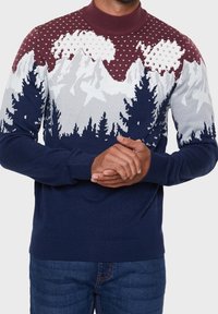 Maglione lavorato a maglia con colletto alto, motivo montano e boschivo in navy, bordeaux, grigio e bianco. Texture morbida, polsini a coste.