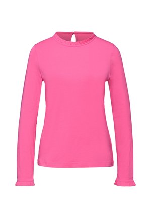 Haut à manches longues en coton rose vif, avec un col et des poignets à volants, et une fermeture au dos avec un trou décoratif. Texture lisse, coupe ajustée.