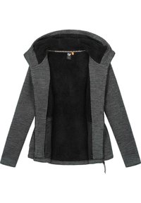 Sivá kapucňová bunda s mäkkým čiernym fleece interiérom. Má zipsové vrecká a štruktúrovaný povrch, navrhnutá na teplo a pohodlie.