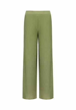 Weit geschnittene, gerippte Strickhose in Olivgrün mit hohem Bund und knöchellangem Schnitt, auf weißem Hintergrund gezeigt.