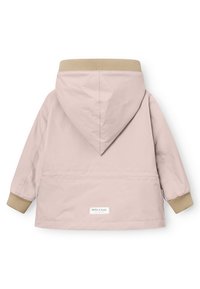 Hele-roosa laste kapuutsiga jakk beežide soonikkoes varruka- ja kraeäärtega, tagant vaates, millel on MINI A TURE silt.