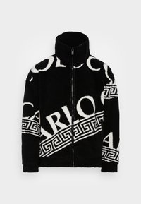 Black fleece jacket with a high collar and full zip. Features bold white lettering and Greek key patterns. Soft texture, long sleeves.