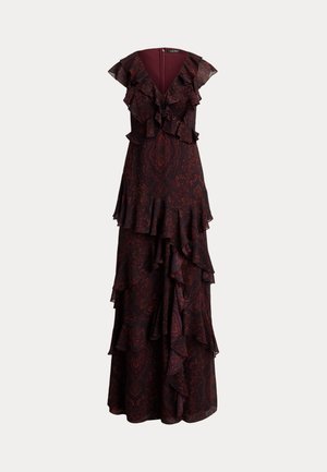 Rochie maxi fără mâneci, de culoare vișinie închis, cu model paisley, volane stratificate de-a lungul decolteului adânc în V și fustă cu volane căzute.