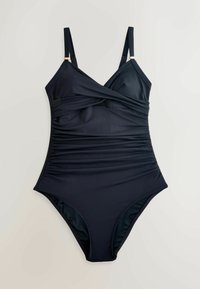 Must must üksik ujumistrikoo ristiga disainiga, külgedel rippuvate detailidega ja reguleeritavate rihmadega, millel on kuldse tooni detailid.