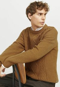 Suéter de punto marrón con patrones texturizados y escote redondo. Lleva encima una camisa con cuello, con detalles de puños y dobladillo acanalados.