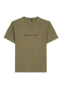 Camiseta de manga corta y cuello redondo en verde oliva con un logotipo de texto negro difuminado centrado en el frente.