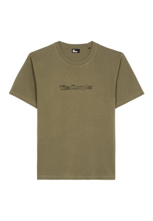 Olijfgroene T-shirt met korte mouwen en ronde hals, voorzien van een vervaagd zwart tekstlogo gecentreerd op de voorkant.