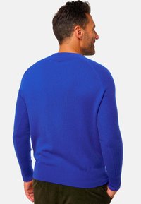 Blauer Strickpullover mit rundem Halsausschnitt, strukturierten Ärmeln und geripptem Saum. Entworfen für eine lockere Passform und bietet ein glattes Finish.