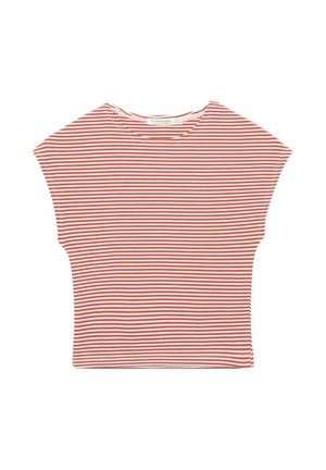 T-shirt a maniche corte e corta, con sottili strisce orizzontali bianche e rosso ruggine, scollatura rotonda e vestibilità rilassata.