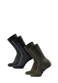Set med fyra strumpor i svart och olivgrön. Ribbad design med förstärkta hälar och tår. Tillverkade av mjukt, hållbart tyg.