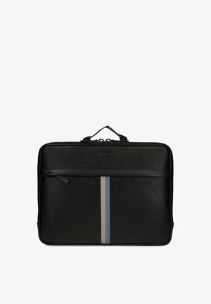 Schwarze Lederaktentasche mit oberem Griff, vordertaschen mit Reißverschluss und vertikalen beige-blauen Streifen in der Mitte.