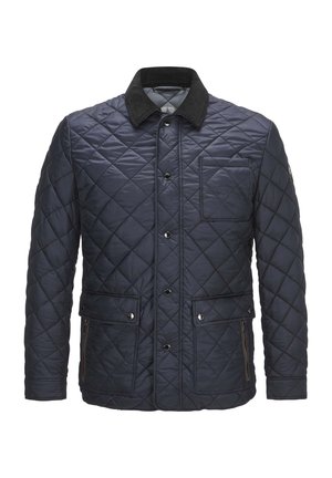 Gestepptes marineblaues Jacket mit Rautenmuster, Cordkragen, vorderen Knöpfen und mehreren Taschen, das eine glatte Textur und einen strapazierfähigen Stoff aufweist.