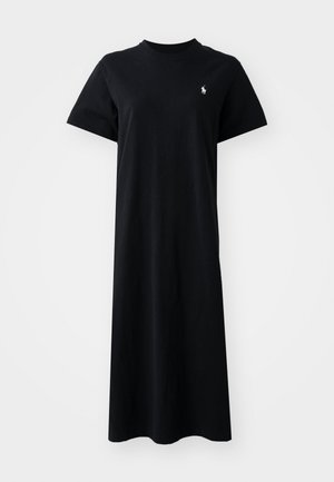 Black cotton t-shirt dress with short sleeves, crew neckline, and a small embroidered logo on the left chest. Loose fitting with a straight cut.