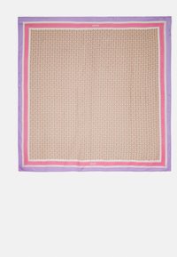 Foulard di seta rettangolare con un motivo geometrico marrone e un bordo lilla, rosa e bianco. Logo ricamato nell'angolo.