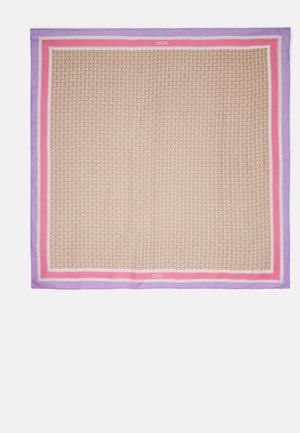Foulard di seta rettangolare con un motivo geometrico marrone e un bordo lilla, rosa e bianco. Logo ricamato nell'angolo.