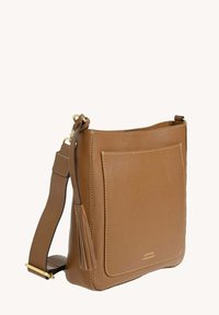 Sac bandoulière en cuir marron avec une texture lisse, une seule sangle, une poche avant et un gland décoratif. Accentué par des coutures discrètes.