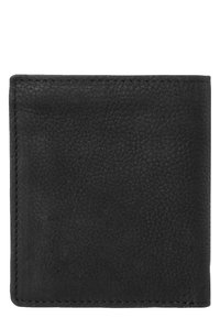 Portafoglio in pelle nera con superficie testurizzata, design bifold e bordi cuciti. Forma compatta adatta per carte e contanti.