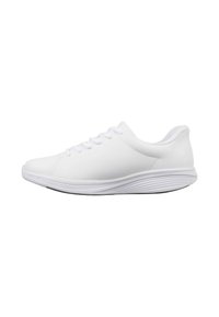 Scarpa atletica bianca con materiale superiore liscio, punta tonda, sei occhielli e una suola curva stratificata per un'ammortizzazione ottimale.