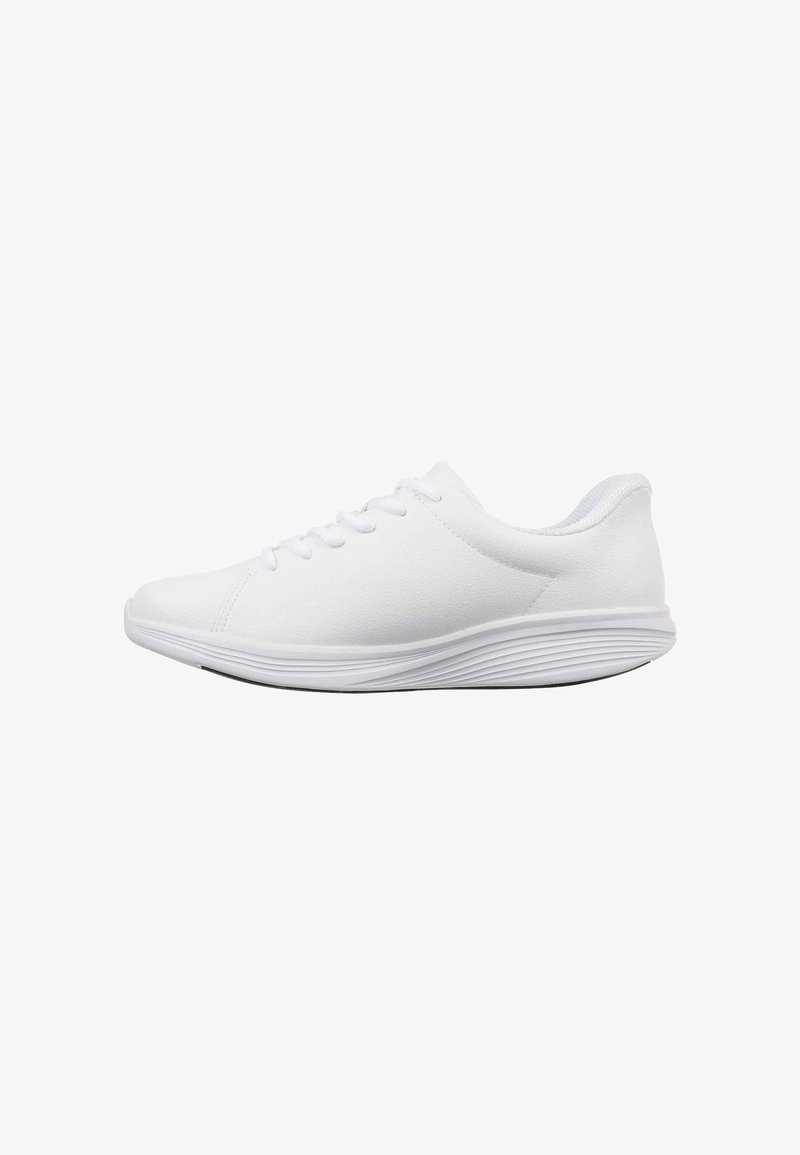 White athletic shoe with a smooth upper material, round toe, six eyelets, and a layered curved sole for cushioning.