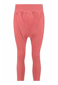 Korallfarbene Leggings mit glatter Textur, hohem Bund und schmal zulaufenden Beinen. Dezentes Markenlogo in Gold am Bund.