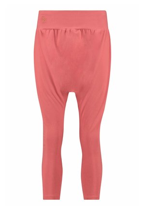 Koralli väriset legginsit, joissa on sileä pinta, korkea vyötärö ja kapenevat lahkeet. Huomaamaton kultainen brändilogo vyötäröllä.