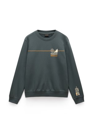 Felpa verde scuro in misto cotone, con scollatura rotonda, polsini a coste, dettagli grafici e testuali stampati in oro e bianco.