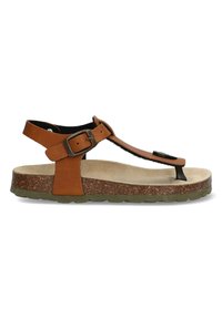 Brun lædersandal med en thong-design, justerbar ankelrem med spænde, korkfodseng og tekstureret gummisål.