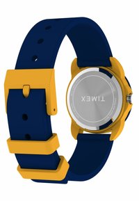 Bracelet de montre en silicone bleu avec des accents jaunes, doté d'un boîtier rond en acier inoxydable et d'un dos en métal lisse, conçu pour être résistant à l'eau.