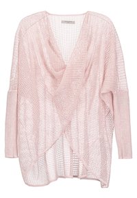 Hellrosa, offene Strickoptik, Wickeldesign, lange Ärmel und gerippte Details an den Bündchen. Weiche Textur mit lockerer Passform.