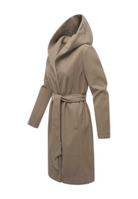 Manteau en mélange de laine beige avec une grande capuche, une taille ceinturée et des poches latérales ornées de coutures discrètes. Manches longues et longueur sous le genou.