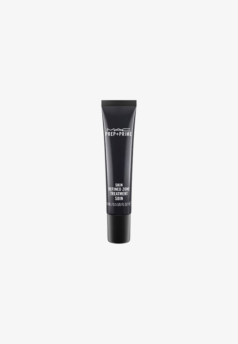 Traitement zone T peau préparé et affiné MAC Prep + Prime dans un tube noir à presser, avec du texte blanc. Surface lisse et design simple, capacité de 15 ml.