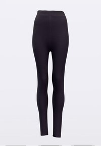 Colanți negri cu talie înaltă, realizați dintr-un material elastic; textură netedă și design strâns pe corp, fără modele sau accente vizibile.