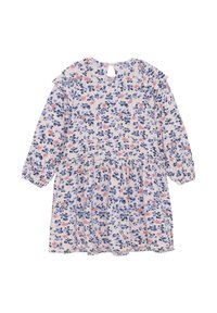 Blommig klänning med långa ärmar, ljusrosa tyg, blå och röda blommönster, rynkad midja och en nyckelhålöppning bak.