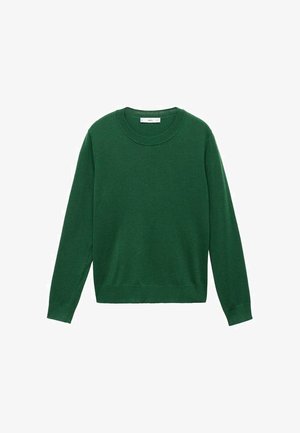 Grüner gestrickter Pullover, Rundhals, lange Ärmel, gerippte Bündchen und Saum, weiche Textur, einfarbig ohne Muster oder Akzente.