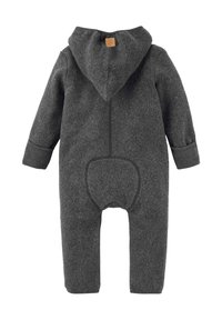 Dunkelgrauer fleecegefütterter Baby-Overall mit Kapuze, langen Ärmeln und verstärkter Naht auf dem Rücken und den Bündchen.