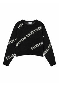 Svartkortad tröja med fluffig textur, med diagonala "NJUT NU" bokstäver i vitt, ribbad halsringning och muddar.