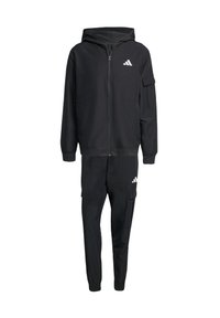 Black athletic tracksuit featuring a zip-up hoodie with side pockets and matching joggers with cargo pockets, made from a smooth, stretch fabric.