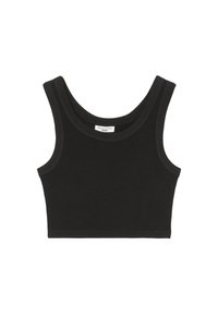 Černý zkrácený top bez rukávů s širokými ramínky a kulatým výstřihem, uvnitř límce označen "Marc O’Polo Denim".
