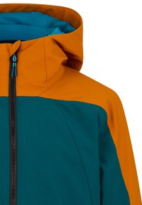 Jacke mit einer orangefarbenen Kapuze und oberem Yoke, darunter tealfarbene Paneele. Frontreißverschluss mit schwarzen Zähnen, strukturierter Stoff.
