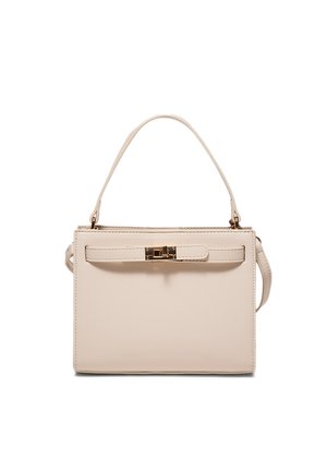 Béžová obdĺžniková kožená kabelka s horným uškom, predným remienkom a zlatým skrutkovacím západkou.