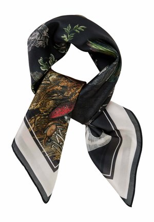 Silk scarf featuring a black background with colorful floral and mushroom prints, showcasing a glossy texture and a square shape.
