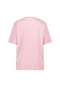 Pink cotton t-shirt with short sleeves, round neckline, and a relaxed fit; smooth texture with no visible patterns or embellishments.